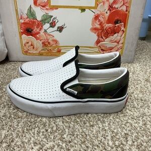 Vans Slip-On Sneakers White with Green Camo Accents